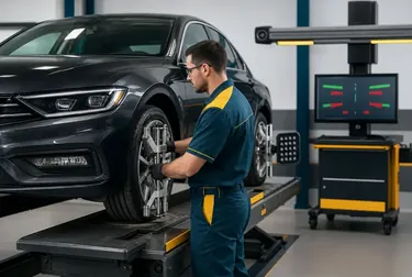 Equipamento sendo usado para alinhamento de rodas em uma borracharia.