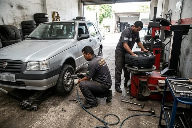 Profissional trocando pneus de carro em Maricá.